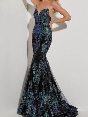 NWT Jasz Couture 7403 Floral Pattern Prom Dress Black Multi Size 4